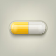 Vector 3d Realistic Yellow and White Pharmaceutical Medical Pill, Capsule, Tablet on White Background. Front View. Copy Space. Medicine, Health Concept