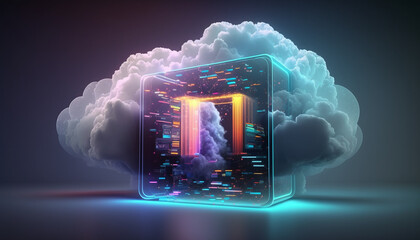 Cloud Computing and Cloud Services Renderings, Futuristic and Photo Realistic, High Quality, Dynamic Lighting and Neon Glow, Computer Tech Images