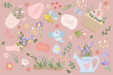 Spring composition with a cute rabbit, a bouquet of flowers vase, a bird, green leaves on the inscription spring. Bright compositions for posters, banners, cards, Easter, spring holidays. Vector