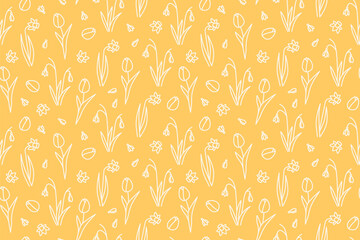 yellow spring, Easter seamless pattern with daffodils, snowdrops, tulips - vector illustration