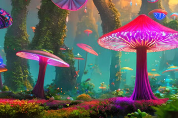 Glowing mushrooms, neon colors. AI generated.