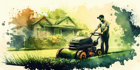 man mowing lawn, watercolor illustration, generativ ai