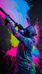 Obraz na płótnie Canvas Neon color paint with a paintball player with dark background. Created using ai generative. 