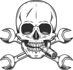 Vintage skull smoking cigar or cigarette with body shop service car and truck mechanic repair tool crossed wrench or construction for gas and builder plumbing pipe spanner illustration