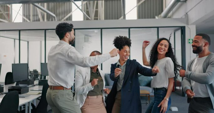 Dance, celebration and people team building, success and energy for group mental health, wellness and office freedom. Business employees or black woman dancing with staff celebrate in workplace