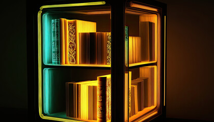 luminous bookcase in the shape of a cube, ornate book spines