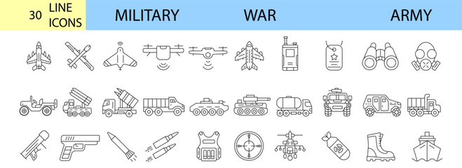Army Military and war icons set. Editable Stroke