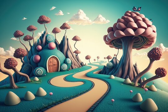 Muddle Road Wonderland is featured in this conceptual fantasy background for an illustration, poster, or photo wallpaper. Generative AI