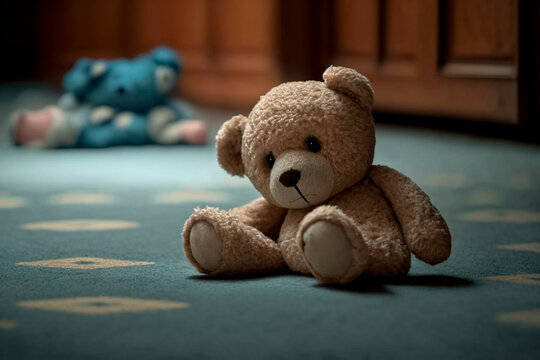 Sad lonely teddy bear lying on the floor symbol of abuse victims