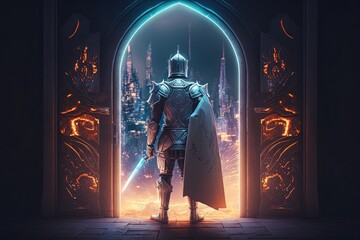 Obraz premium Medieval knight in armor in front of mystical portal, futuristic city in the background of the portal. Generative AI