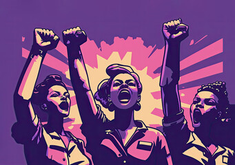 Fototapeta Women fighting for their rights tired of the inequality suffered for years. Female empowerment. Color illustration. Generative AI obraz