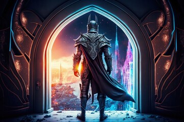 Medieval knight in armor in front of mystical portal, futuristic city in the background of the portal. Generative AI