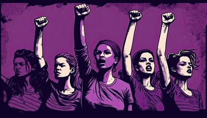 Women fighting for their rights tired of the inequality suffered for years. Female empowerment. Color illustration. Generative AI