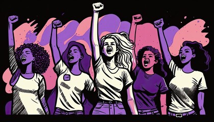 Women fighting for their rights tired of the inequality suffered for years. Female empowerment. Color illustration. Generative AI