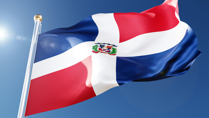 Fototapeta na wymiar dominican flag waving in the wind against a blue sky. Dominican Republic national symbol on flagpole, 3d rendering