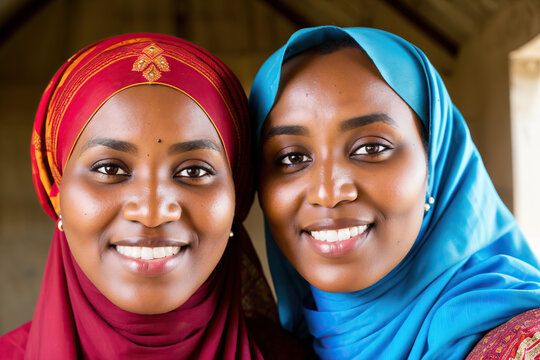 Two Somali Sisters in Traditional Clothing Smiling and Happy Close Up Generative AI Photo
