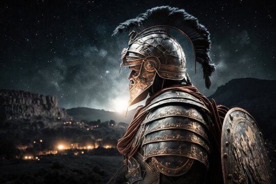 Roman soldier in armor, Greek city in the background, night scene. Generative AI