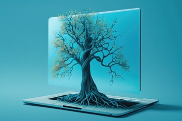 Tree on laptop screen, blue background. Generative AI