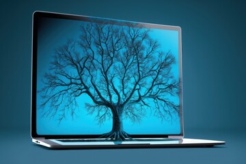 Tree on laptop screen, blue background. Generative AI