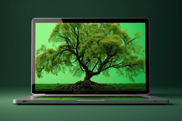 Tree on laptop screen, green background. Generative AI