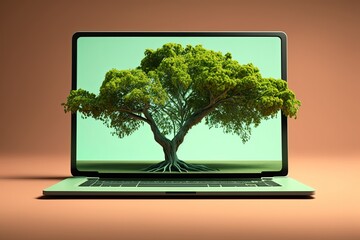 Tree on laptop screen, green background. Generative AI