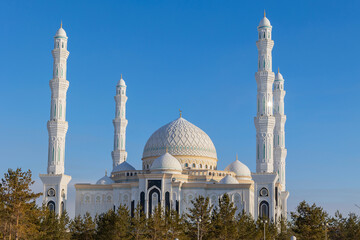 Panoramic view of snow-white modern Hazaret Sultan mosque sunny morning, Nur-Sultan, Astana,...