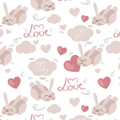 Obraz na płótnie Canvas Vector seamless pattern of many little cute sleeping bunnies, small red hearts, clouds, love words. Loving rabbit. Valentine's Day celebration. Cute baby print. Romantic layout design. Trendy swatch