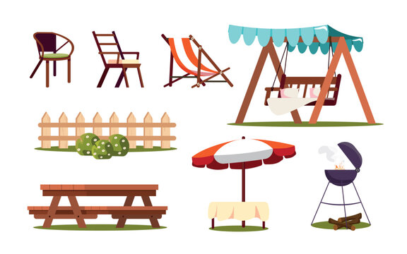 Set of summer outdoor equipment in cartoon style. Vector illustration of chairs, fence with bushes, wooden table, table under umbrella, barbecue, garden swing under awning isolated on background.