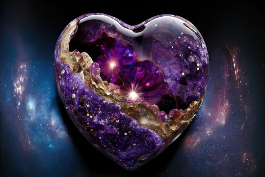 Polished crystal glass gemstone love heart with purple and gold galaxy inside, new age, generative ai illustration