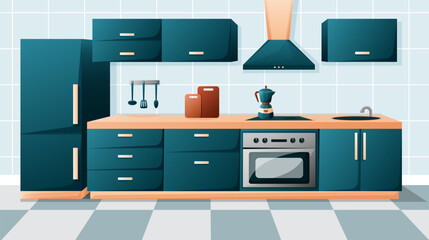Vector cartoon interior of family kitchen - counter with appliances, furniture. Household objects, cooking, dining room
