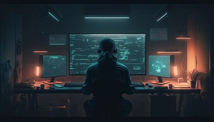 Painting 3D render of Hacker doing a cyber attack on a mainframe system from behind  Generative AI Tool