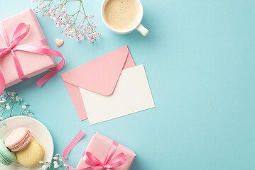 St Valentine's Day concept. Top view photo of pink envelope with letter gift boxes plate with macarons cup of coffee heart and gypsophila flowers on isolated pastel blue background with copyspace