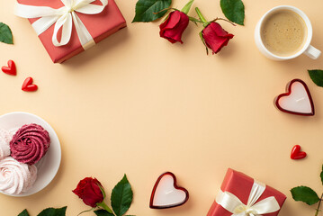 Women's Day concept. Top view photo of red gift boxes heart shaped candles mug of fresh coffee plate with meringue and red roses on isolated beige background with copyspace in the middle
