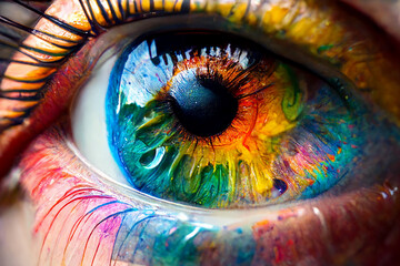 Closeup of eye with colorful iris. generative ai
