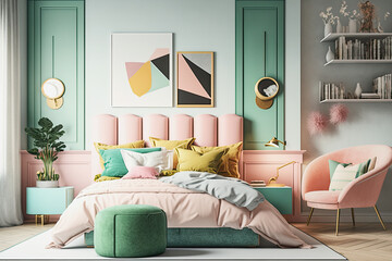 ai midjourney generated illustration of a pastel colored modern bedroom