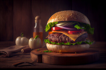 Frischer appetitanregender Burger auf rustikalen Hintergrund - Generative Ai 