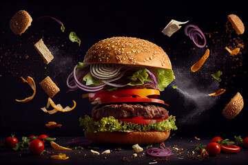Appetitanregender, explodierender  Burger isoliert auf schwarzem Hintergrund - Generative Ai  - obrazy, fototapety, plakaty