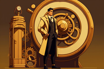picture of a man standing in front of a large golden clockwork. Generative AI