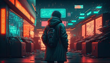 Painting 3D render of a lonely person walking down a cyberpunk street, futuristic city scape Generative AI tool