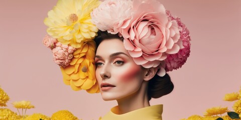 Portrait of a young beautiful woman with flowers in the hairs. Spring creative concept. Generative AI.