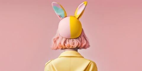 Portrait of a young woman with colorful hairs and bunny ears. Creative easter concept. Generative AI.