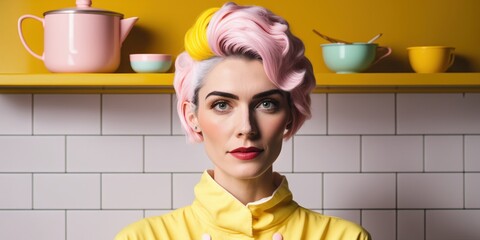 Portrait of a young beautiful woman with colorful hair in the kitchen baking a cake. Creative baking concept. Generative AI.