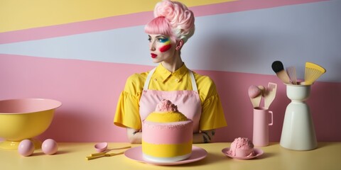 Portrait of a young beautiful woman with colorful hair in the kitchen baking a cake. Creative baking concept. Generative AI.