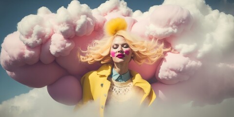 Happy Girl flying in colorful clouds. Creative Concept. Generative AI