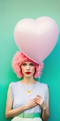 Girl with pink hair holding heart shaped balloon. Generative AI