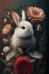 Adorable Fluffy White Easter Bunny Surrounded By Flowers