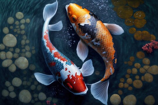 A wide image of the pond with colorful Japanese koi fish swimming in it Generative AI