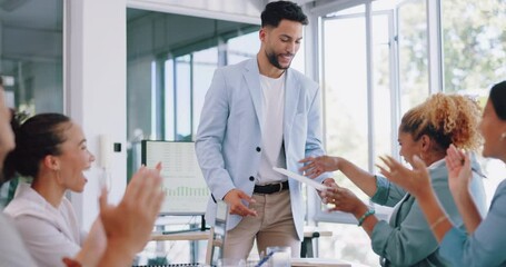 Business woman, celebration and certificate reward for achievement with gratitude and applause. Leader man and people show appreciation and support for target congratulations or winning wow promotion