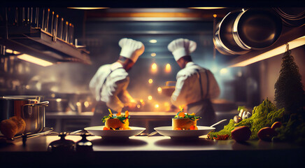 Professional kitchen with chefs cooking, restaurant kitchen with beautiful lights and delicious food