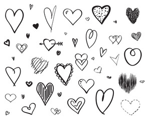 Hand drawn grunge hearts on isolated white background. Set of love signs. Unique image for design. Black and white illustration. Sketchy elements for design